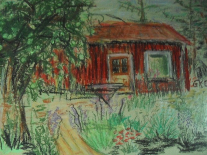 Garten mit rotem Holzhaus